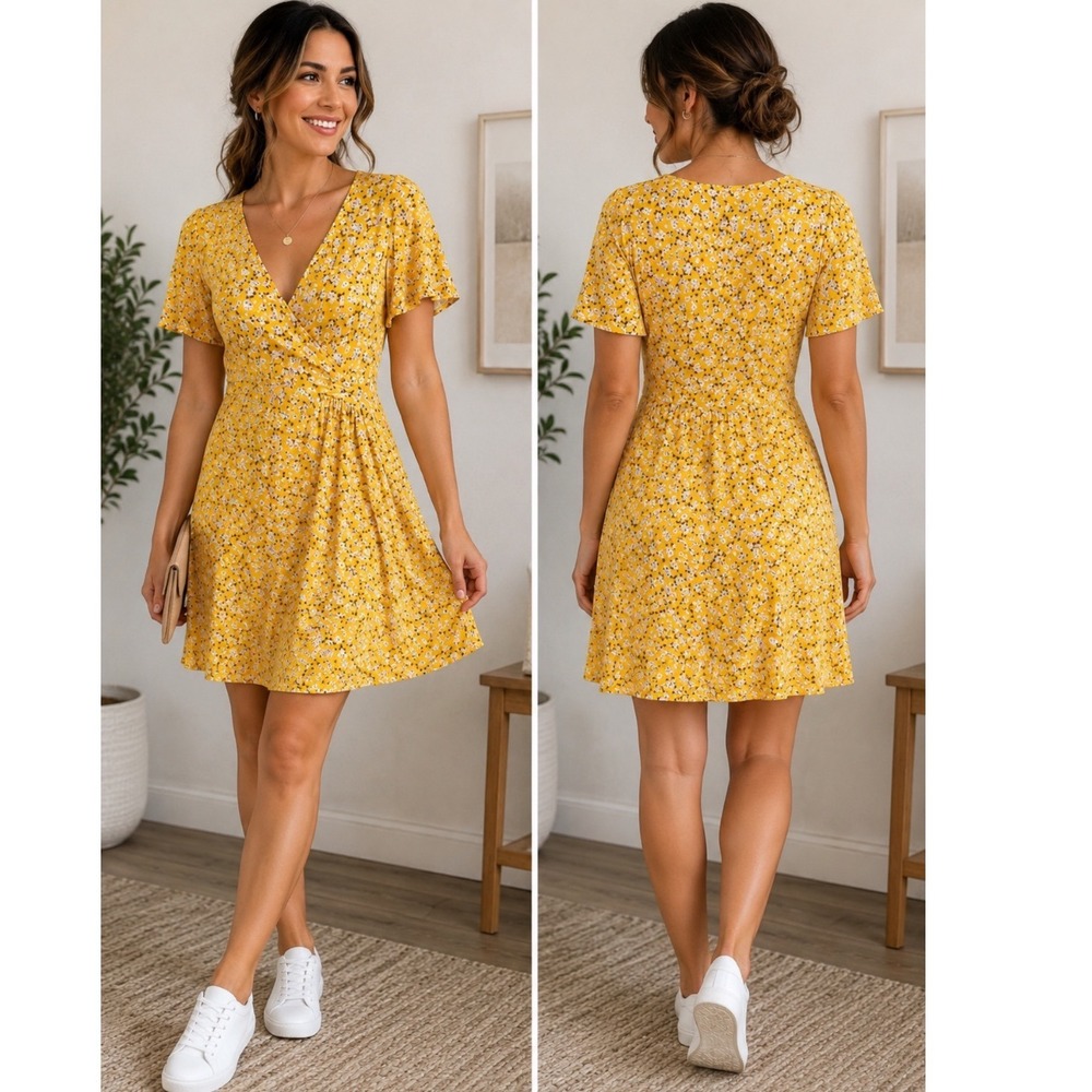 Fensace Yellow Floral Faux Wrap Mini Dress Short Flutter Sleeve V-Neck Medium